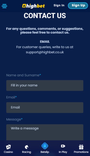 Highbet UK Sportsbook Customer Support