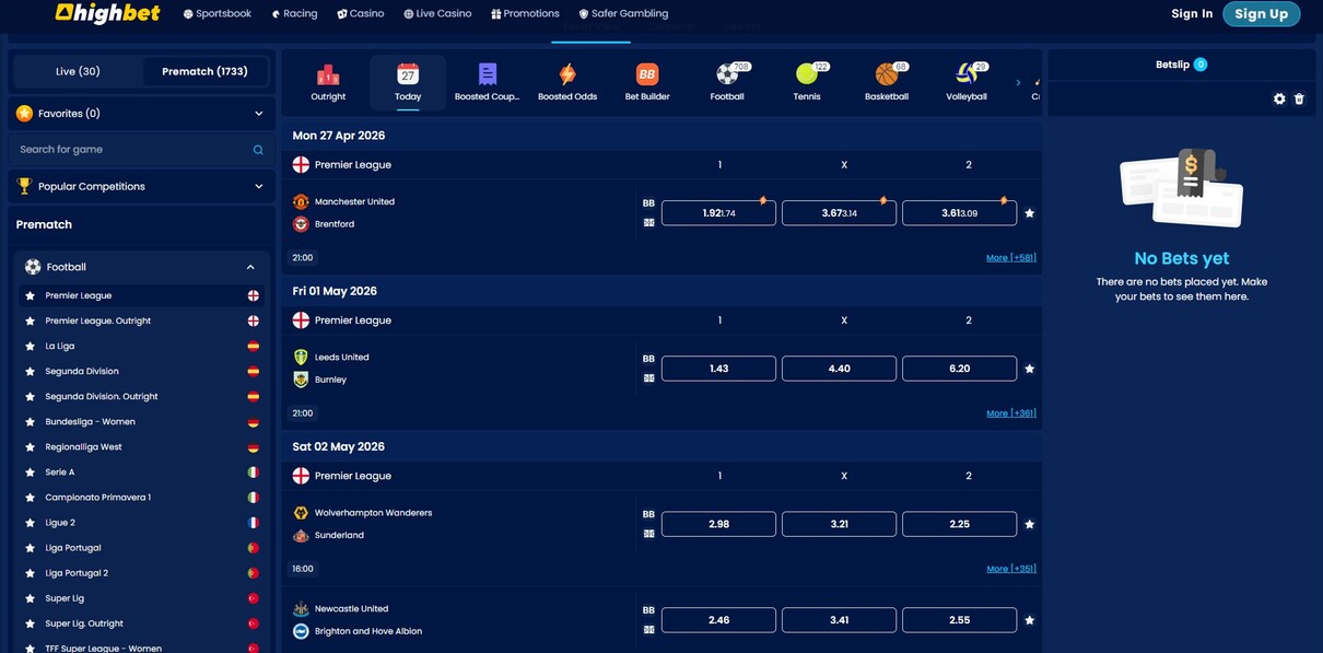 Highbet UK Sportsbook Homepage pc