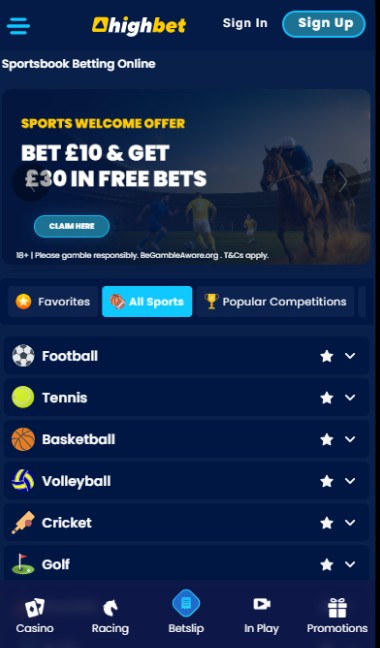 Highbet UK Sportsbook Homepage