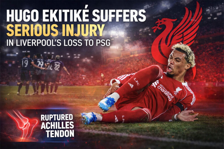 Hugo Ekitiké Achilles injury vs PSG Liverpool