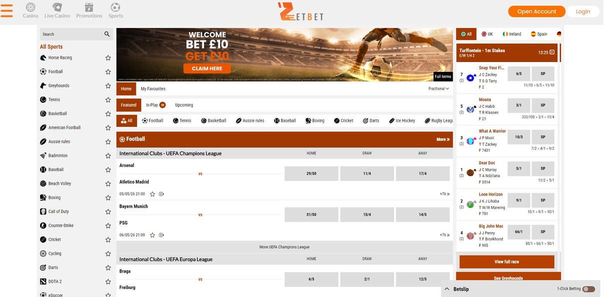 Zetbet Sportsbook UK Homepage pc