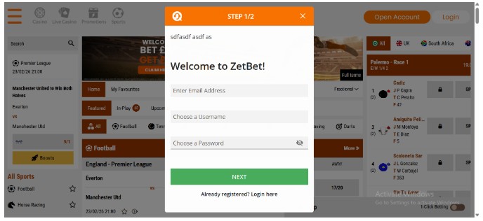 Zetbet Sportsbook UK Registration Step2