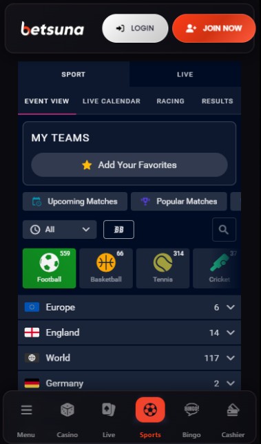 Betsuna UK Homepage Sportsbook