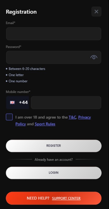 Betsuna UK Registration mobile version