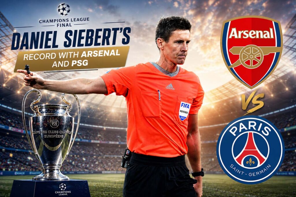 Champions League final referee Daniel Siebert with Arsenal and PSG ahead of the final