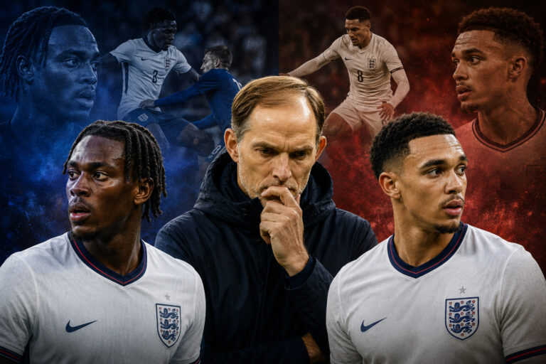 Trevoh Chalobah alongside Thomas Tuchel and Trent Alexander-Arnold