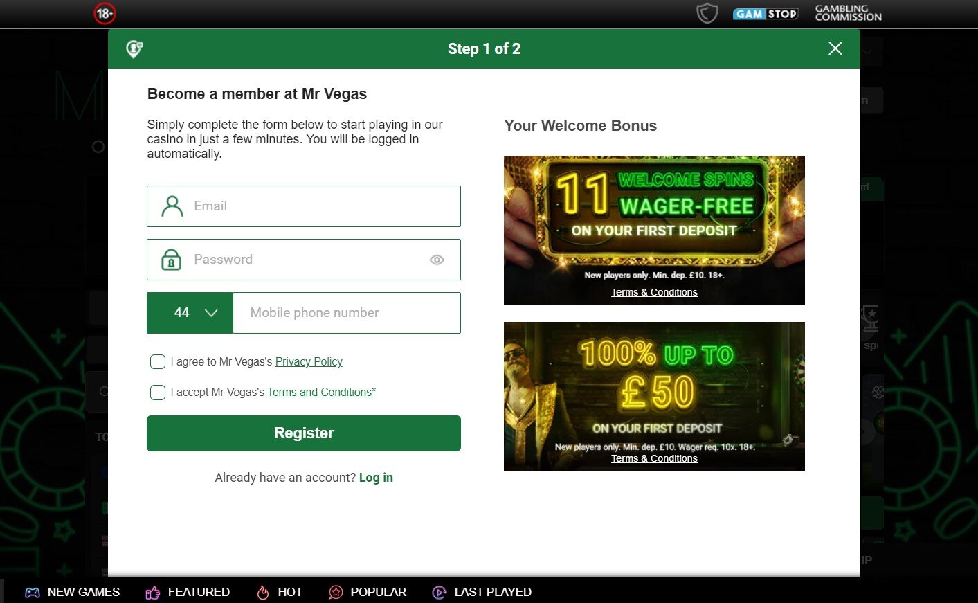 MrVegas Sports Registration UK pc