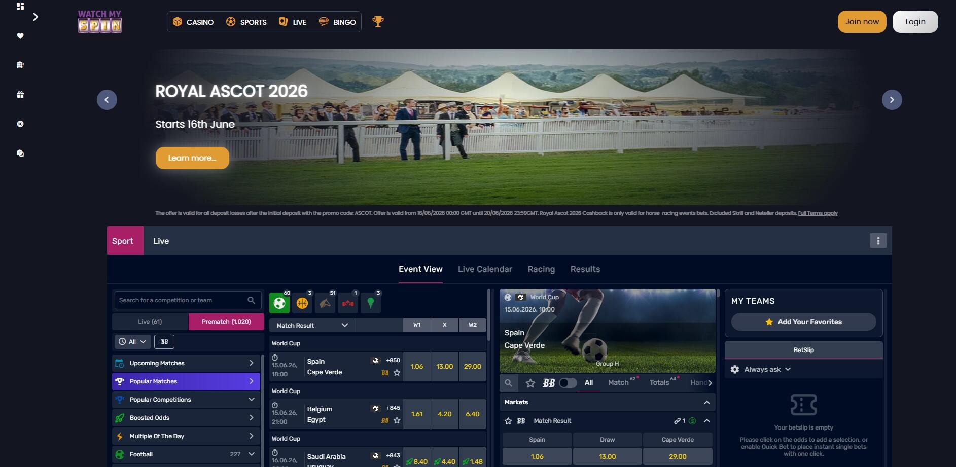 Watchmyspin Homepage Sportsbook pc