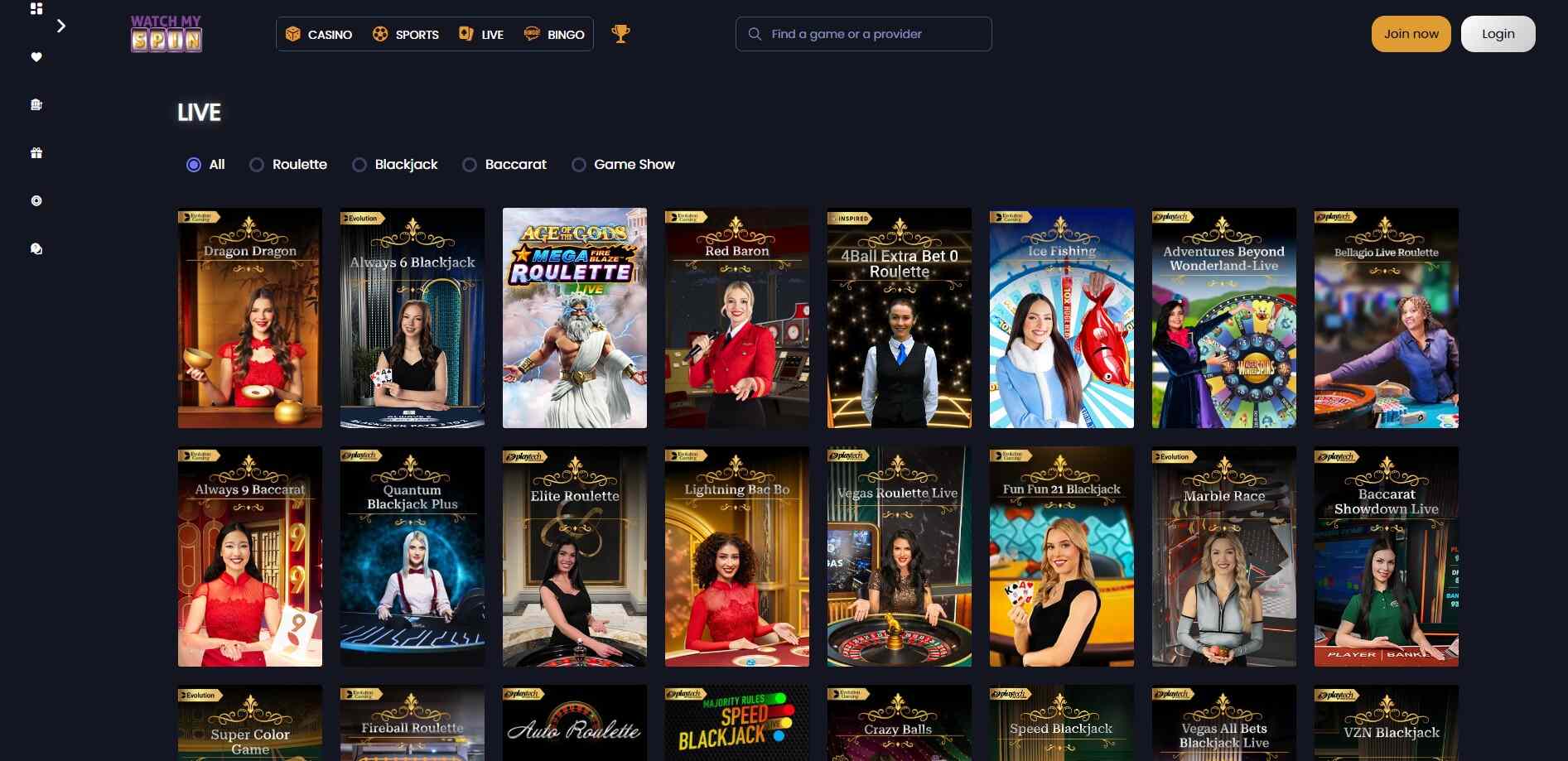 Watchmyspin Live Games Casino UK pc
