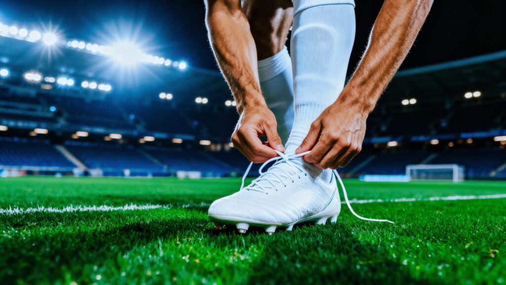 Football player ties his boots