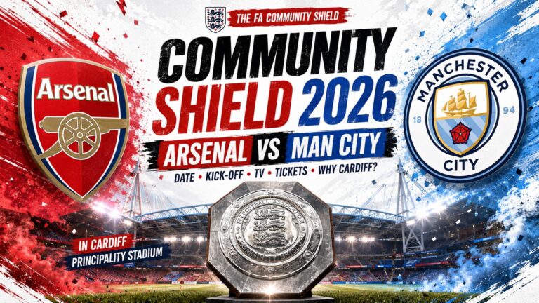 Promotional graphic for the 2026 FA Community Shield showing Arsenal vs Manchester City, with both club crests, the Community Shield trophy in the centre and Cardiff’s Principality Stadium in the background.