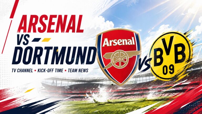 Promotional graphic for Arsenal vs Borussia Dortmund featuring the two club crests over a stadium background, with bold headline text “Arsenal vs Dortmund” and the subheading