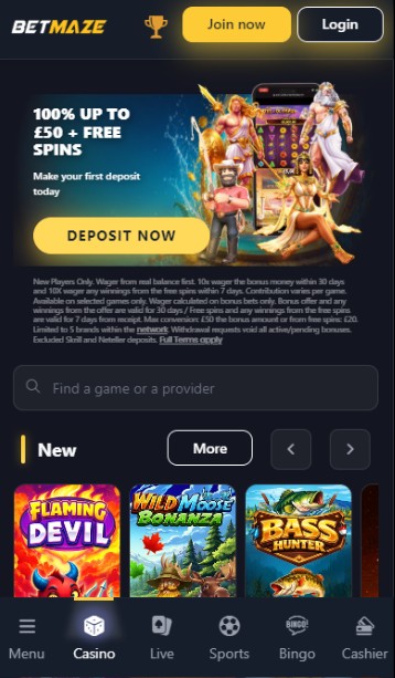 Betmaze Casino UK Homepage