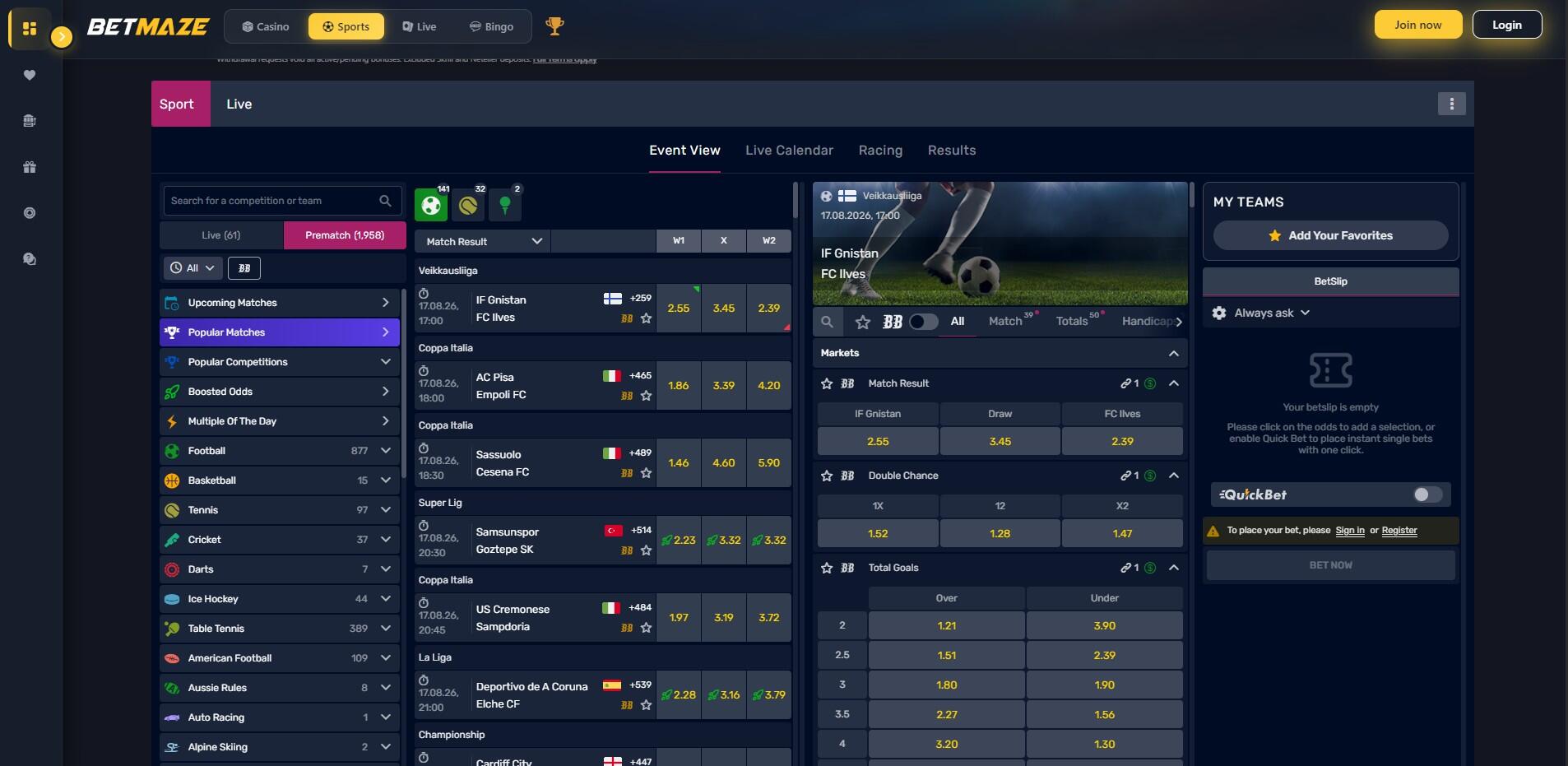 Betmaze Sports Homepage UK pc