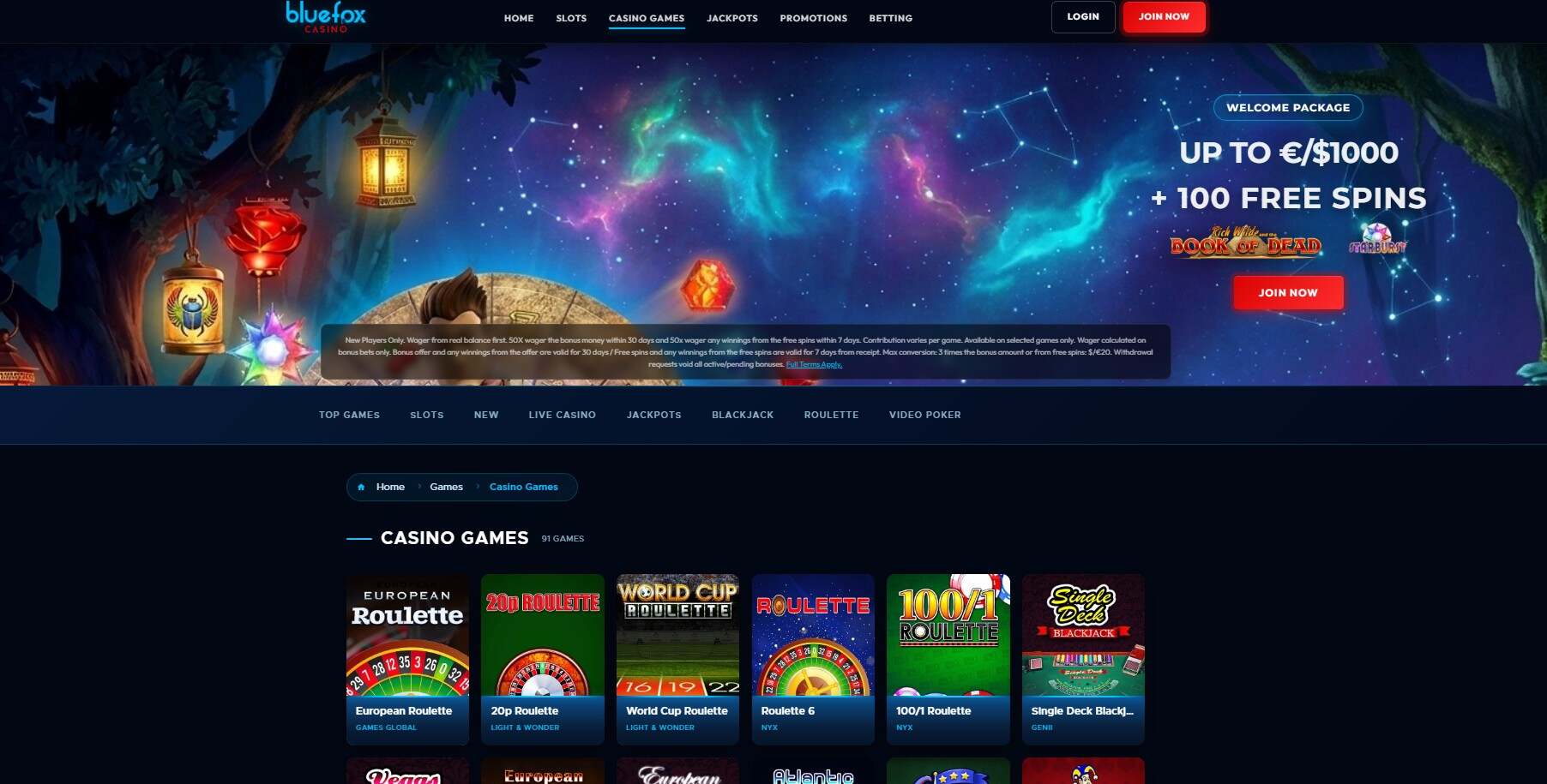 Bluefox Casino UK Homepage pc