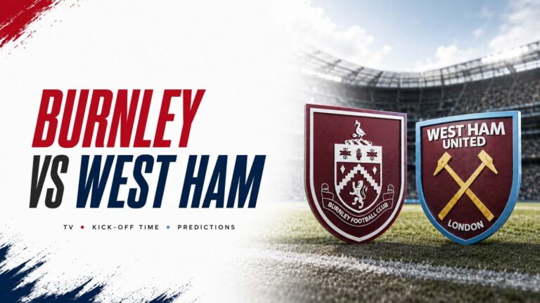 Burnley vs West Ham Championship match preview graphic with both club crests on the pitch and a football stadium in the background.