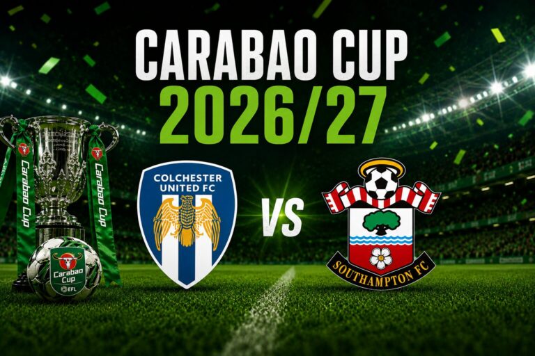 Carabao Cup 2026/27 graphic for Colchester United vs Southampton, featuring both club crests, the trophy and a football inside a floodlit stadium.