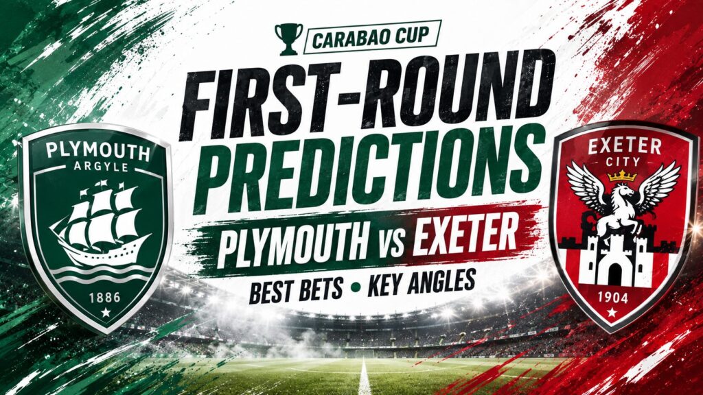 Carabao Cup first-round predictions graphic for Plymouth Argyle vs Exeter City, with green and red team-style crests and a football stadium background.