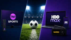 Football broadcast graphic showing TNT Sports, HBO Max and talkSPORT alongside a football on the pitch under stadium floodlights.