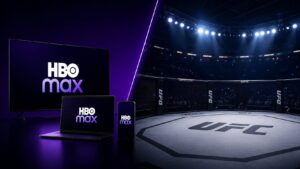 Split-screen graphic showing HBO Max on a TV, laptop and phone on the left, and an empty UFC octagon under arena lights on the right.