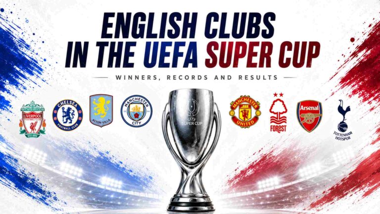 English clubs in the UEFA Super Cup, featuring the trophy and the badges of Liverpool, Chelsea, Aston Villa, Manchester City, Manchester United, Nottingham Forest, Arsenal and Tottenham.