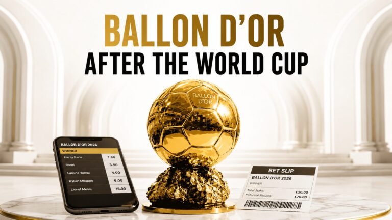 Ballon d'Or trophy beside a betting odds screen and bet slip, illustrating the 2026 award race after the World Cup.