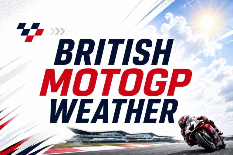 British MotoGP weather graphic showing a racing bike at Silverstone under sunny skies, with the headline