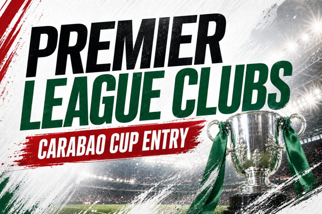 Premier League clubs headline over a stylised football stadium background with red and green graphic details.
