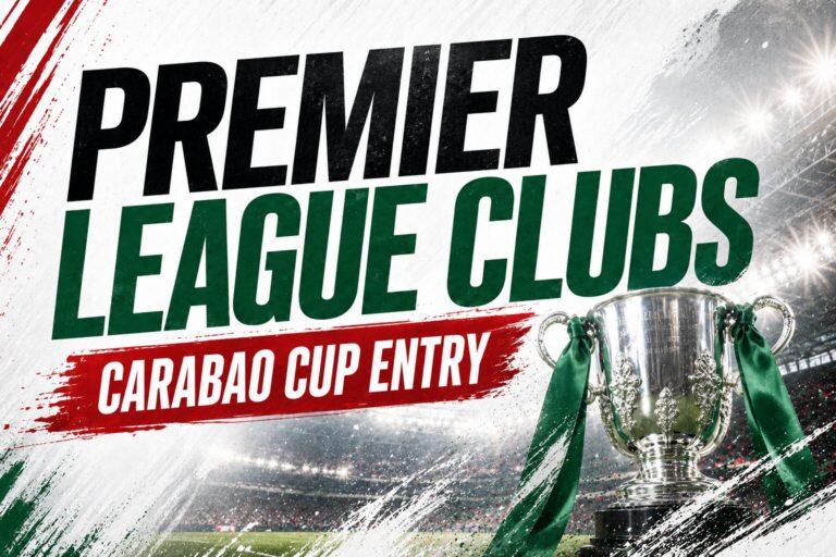 Premier League clubs headline over a stylised football stadium background with red and green graphic details.