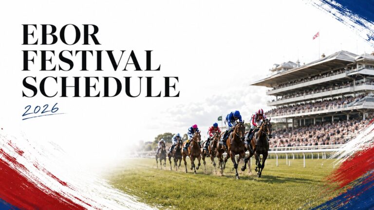 Horses racing at York Racecourse during the Ebor Festival 2026, with packed grandstands in the background and red and blue graphic accents inspired by the British flag.