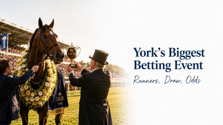 Winning horse being presented with the Ebor trophy