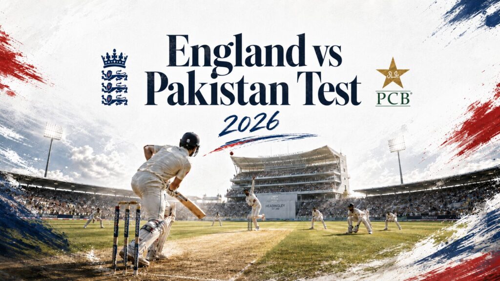 England vs Pakistan First Test 2026 graphic with both team crests above a packed cricket stadium at Headingley, framed by red and blue British-style brush strokes.