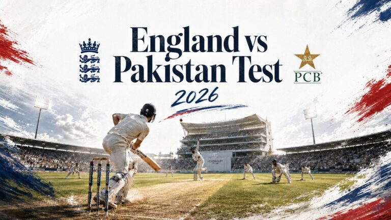 England vs Pakistan First Test 2026 graphic with both team crests above a packed cricket stadium at Headingley, framed by red and blue British-style brush strokes.