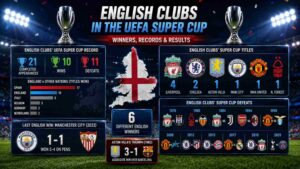 English clubs’ UEFA Super Cup record, showing winners, titles, defeats and Aston Villa’s 1982 triumph over Barcelona.