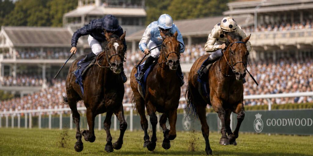 Three racehorses competing at Goodwood Racecourse