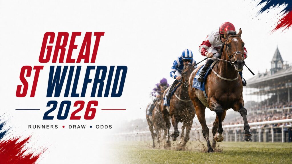 Horizontal promotional image for Great St Wilfrid 2026 at Ripon, featuring several racehorses galloping in the foreground and the text “Great St Wilfrid 2026 – Runners, Draw, Odds” on a white background with red and blue details.