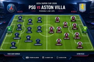 Probable PSG vs Aston Villa line-ups for the 2026 UEFA Super Cup, shown on a 3D pitch with 4-3-3 and 4-2-3-1 formations.
