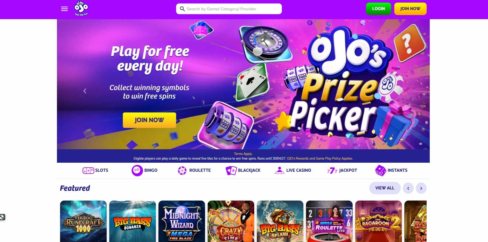 PlayOJO Casino UK Homepage pc