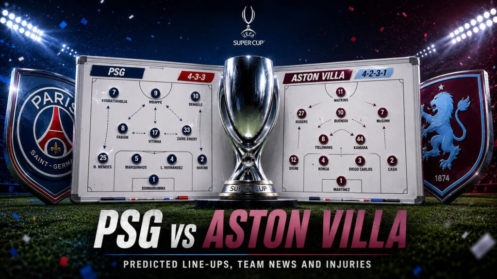 PSG vs Aston Villa predicted line-ups for the 2026 UEFA Super Cup shown on a classic tactical dressing-room board inside a stadium.