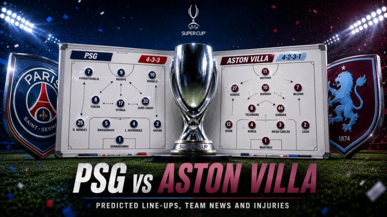 PSG vs Aston Villa predicted line-ups for the 2026 UEFA Super Cup shown on a classic tactical dressing-room board inside a stadium.