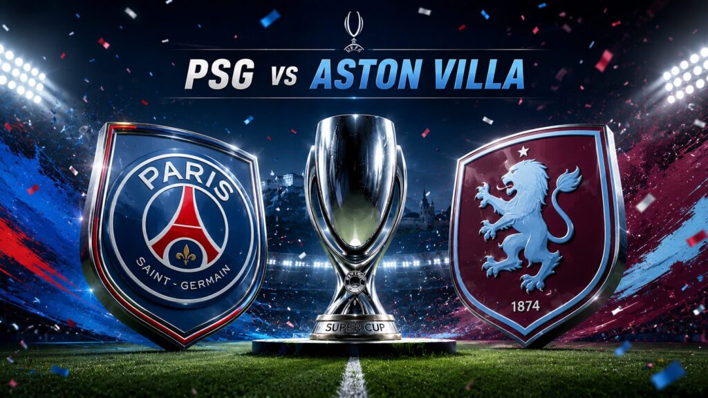 3D graphic for PSG vs Aston Villa UEFA Super Cup 2026 odds, featuring both club crests, the trophy and a floodlit stadium. BB_UK