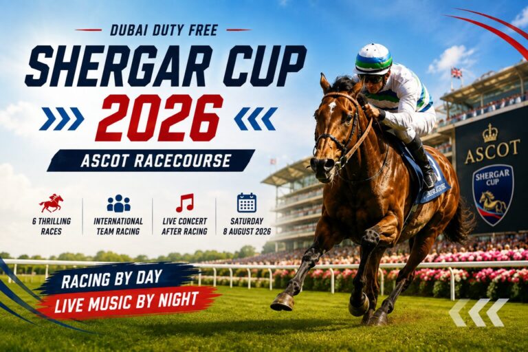 Illustration of a jockey racing a horse at Ascot Racecourse with Shergar Cup 2026 branding, highlighting the Dubai Duty Free Shergar Cup, international team racing and live music after racing.