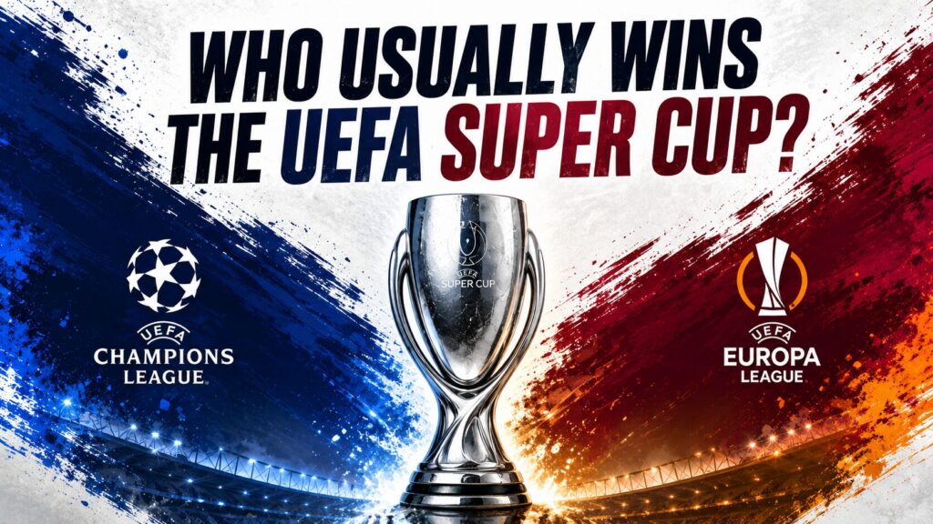 UEFA Super Cup graphic comparing Champions League and Europa League winners, with the trophy in the centre and both competition logos on either side.