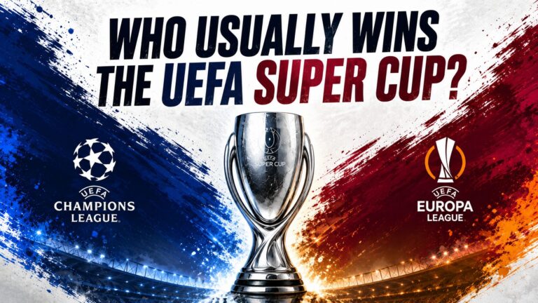UEFA Super Cup graphic comparing Champions League and Europa League winners, with the trophy in the centre and both competition logos on either side.