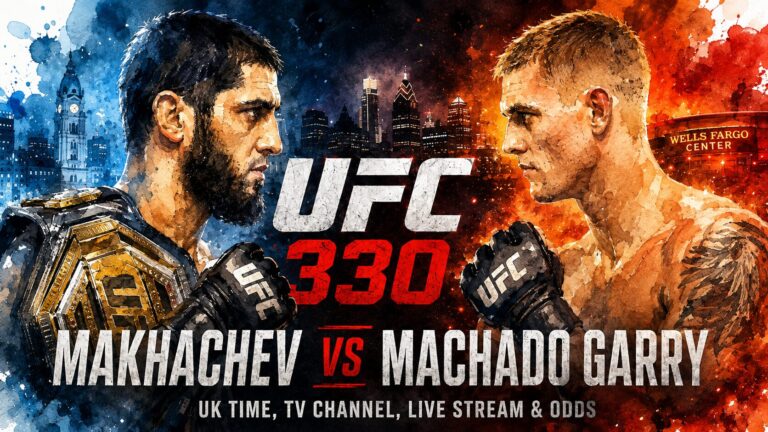 Watercolour-style UFC 330 fight graphic showing Islam Makhachev and Ian Machado Garry facing off, with Philadelphia’s skyline and arena lights in the background.