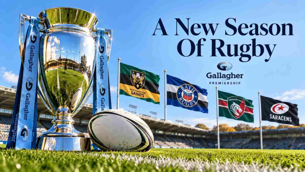 gallagher premiership with Northampton, Bath, Leicester and Saracens flags waving behind them.