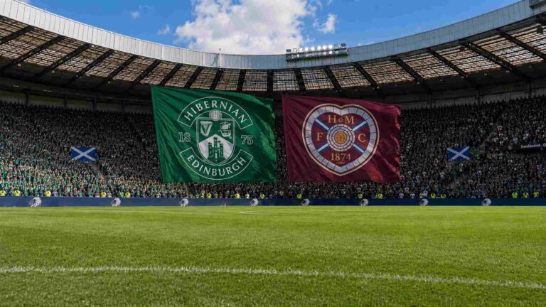 Large flags the Hibernian and Hearts stadium