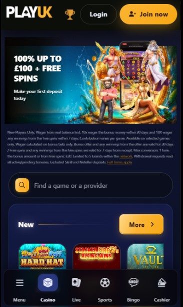 PlayUK Casino Homepage mobile
