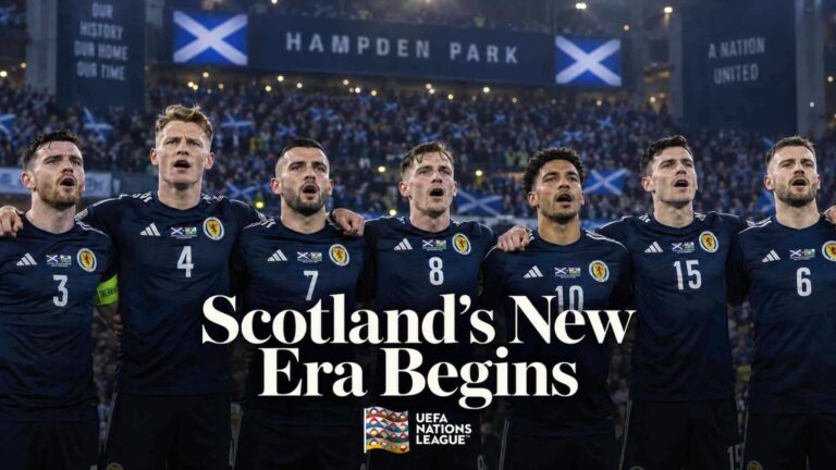 Scotland players line up at Hampden Park ahead of the UEFA Nations League