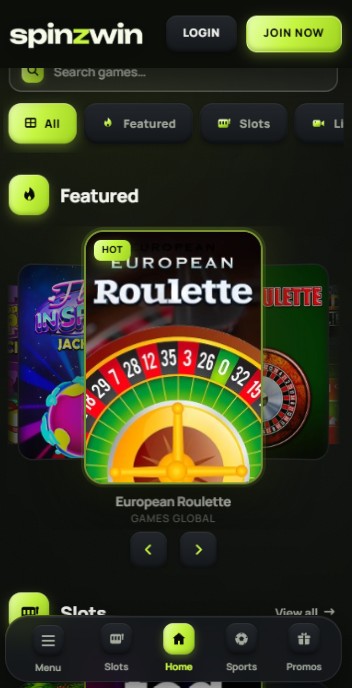 Spinzwin UK Casino Homepage mobile